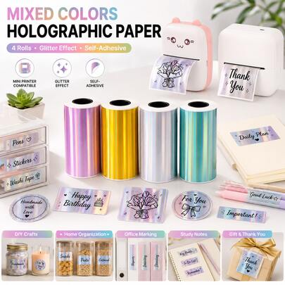 53mm Multi-Color Holographic Thermal Sticker Paper Rolls – Self-Adhesive Mini Printer Paper For Journals, Scrapbooking, Crafts, Labels – Silver, Purple, Gold, Cyan