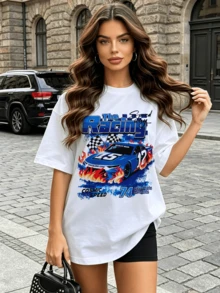 Women's Summer Casual Soft Round Neck Short Sleeve T-Shirt,The Racing Cosmic Speed Car Print Graphic,Suitable For Daily Wear In Spring And Summer.White - White - View 1