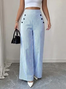 Elegant Women's Blue & White Striped Drawstring Pocket Button Fly Wide Leg Pants, Non-Stretch Woven - Blue and White - View 5