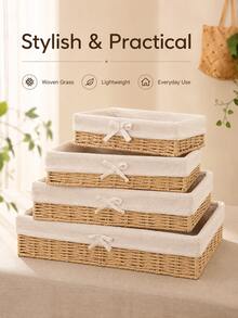 1pc/4pcs Household Desktop Storage Box, Makeup, Keys, Snacks, Coffee Table Organizer, Living Room Entryway Woven Rattan Storage Basket - apricot bow - View 1