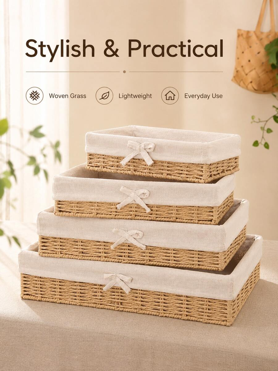 1pc/4pcs Household Desktop Storage Box, Makeup, Keys, Snacks, Coffee Table Organizer, Living Room Entryway Woven Rattan Storage Basket - apricot bow - View 1