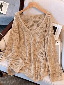 Women's V-Neck Hollow Rhombus Design Loose Knit Cover Up, Airy And Breathable For Beach/Resort Wear, Spring/Summer Vacation - 卡其色 - 查看 1