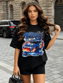 Women's Summer Casual Soft Round Neck Short Sleeve T-Shirt,The Racing Cosmic Speed Car Print Graphic,Suitable For Daily Wear In Spring And Summer.Black - Black - View 1