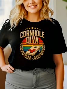 Cornhole Board With Red Bags And Colorful Retro Background Symbolizes Fun, Competition, And Freestyle. Ideal For Cheerful Spirits. Comfortable And Modern Casual Women's T-Shirt. - Black - View 6