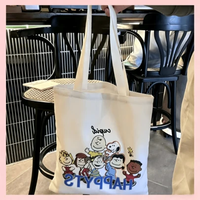 1 pieza Bolsa de lona con la familia Peanuts, bolso de hombro grande de color blanco roto de capacidad simple, regalo ideal para cumpleaños, vuelta al colegio y temporada de graduación