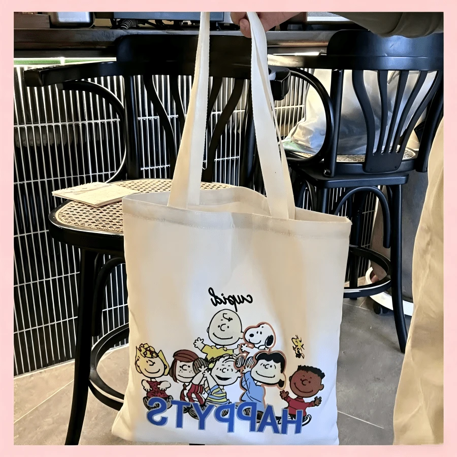 1個可愛花生家族帆布托特包,簡約米白色大容量單肩包,生日、返校、畢業季理想禮物 - 彩色 - 查看 1