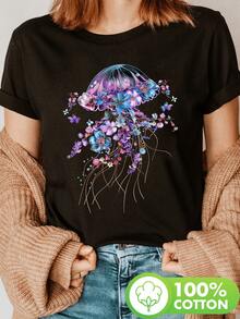 - Flower And Jellyfish Print T-Shirt, Short Sleeve, Crew Neck, Casual Top For Summer And Spring, Women's Clothing, Loose And Comfortable. - Back - View 1