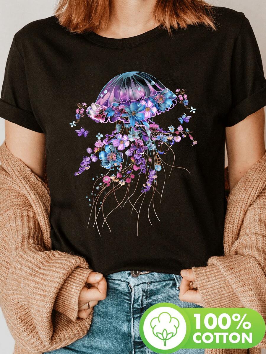 - Flower And Jellyfish Print T-Shirt, Short Sleeve, Crew Neck, Casual Top For Summer And Spring, Women's Clothing, Loose And Comfortable. - Back - View 1