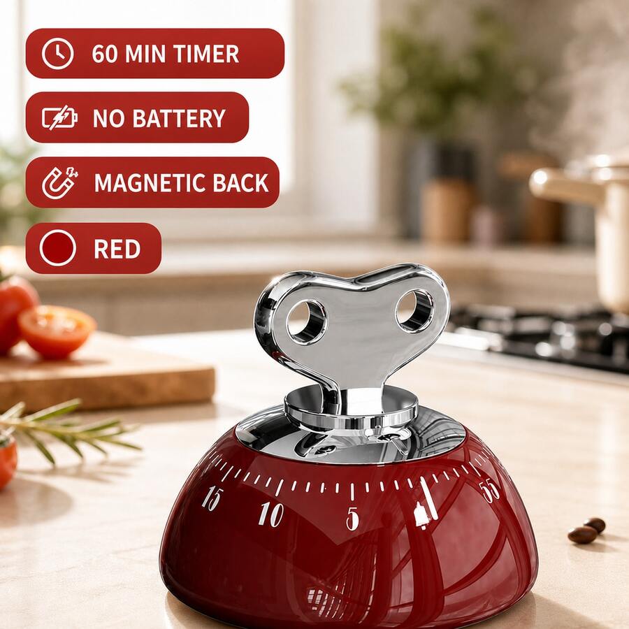 Đồng hồ bấm giờ nhà bếp cơ học 60 phút, màu đỏ, lên dây cót thủ công, có chuông báo, mặt số dễ đọc, thích hợp cho tủ lạnh, bàn làm việc, nấu ăn, nướng bánh, luộc trứng, chuẩn bị thực phẩm, nướng thịt, học tập, văn phòng, quản lý thời gian hàng ngày.