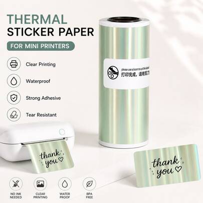 Rollos de pegatinas de impresora láser holográfica cian mini - Papel térmico de 53 mm para manualidades DIY, diarios, scrapbooking, etiquetado y impresión decorativa