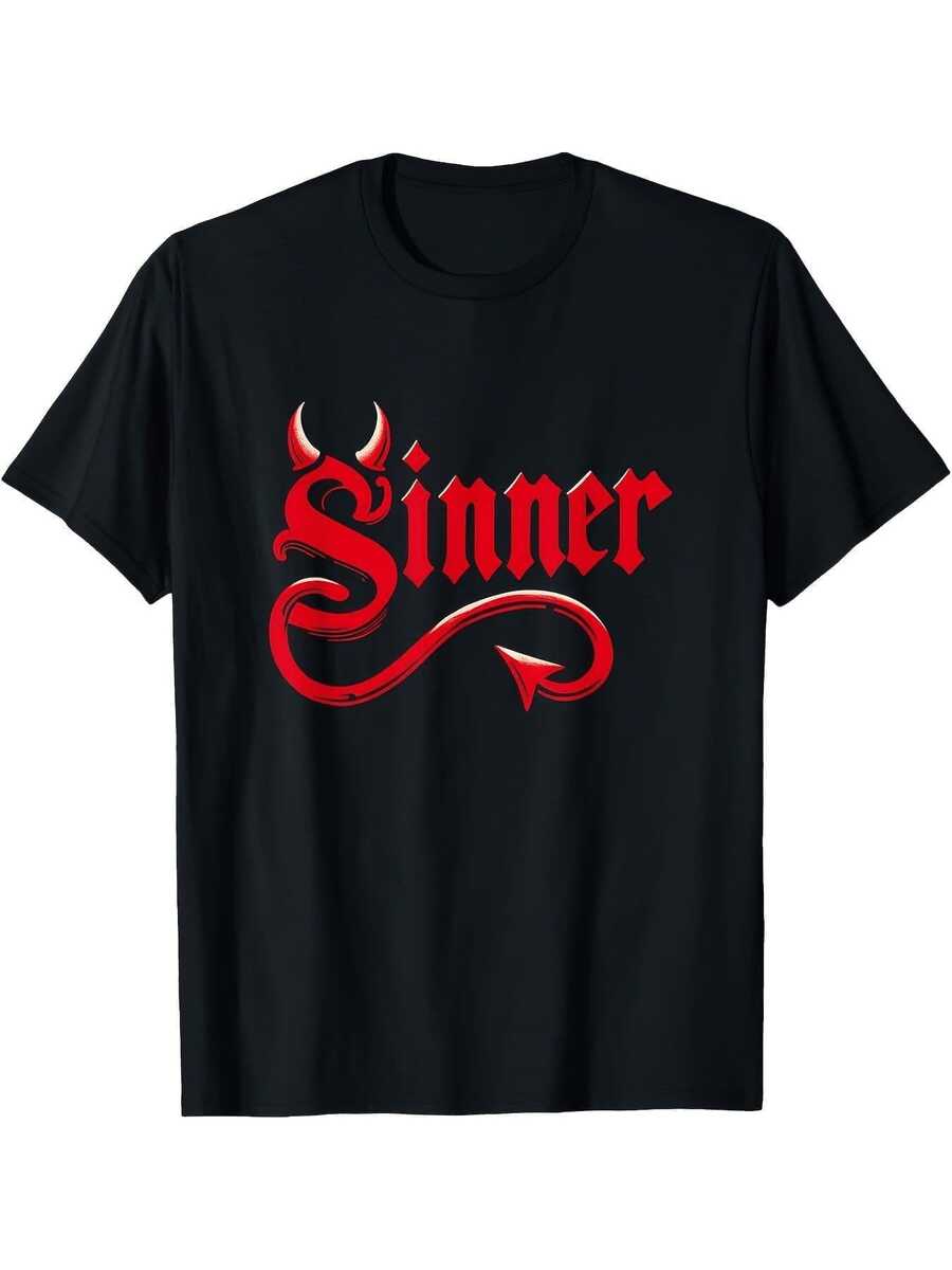 Camiseta unisex de manga corta, camiseta gráfica gótica del Diablo Rojo - Camiseta negra de manga corta con fuente estilizada llamativa y diseño de cola de diablo rizada - Perfecta para amantes de la moda oscura y entusiastas del estilo alternativo. Ideal para fiestas, playa y ropa deportiva al aire libre. | All-Season Casualplayeras hombre,spiderman,, mujer,romwe men,boho chic,maestras regalos,camiseta para mujerconjuntos curvy para mu,y2k, - Negro - Ver 1