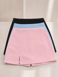 Kit Of 3 Tailored Skirt Shorts With Slit For Parties And All Occasions - Fashion Blogger Style - 黑色,淺粉紅色和淺藍色 - 查看 2