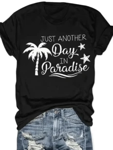 Palmeras junto al mar evocan serenidad con estrellas de mar y olas que transmiten sensaciones de calma y libertad camiseta de mujer casual para días relajados y momentos de verano - Negro - Ver 8