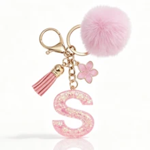 A-Z Fluffy Pom Pom Keychain, Fashionable Bag Charm & Key Ring, Holiday Bag Accessory, Perfect Gift For Valentine's Day/Birthday/New Year - Pink - View 14