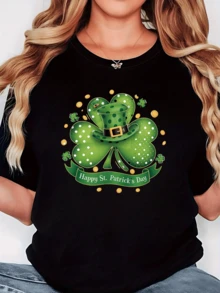 Trébol verde con sombrero del duende rodeado de monedas doradas que simbolizan buena suerte y alegría para celebrar el Día de San Patricio camiseta de mujer casual cómoda divertida para fiesta - Negro - Ver 1