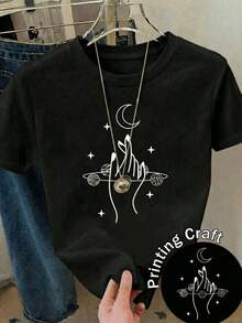 Manos elevadas hacia la luna rodeadas de planetas y estrellas simbolizan conexión con el cosmos equilibrio espiritual y energía femenina positiva camiseta de mujer casual moderna cómoda para uso diario - Negro - Ver 8