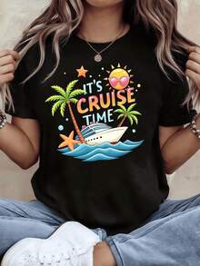 Sol radiante con gafas sobre un cielo tropical acompañado de palmeras mar barco y estrella marina evocando vacaciones y libertad camiseta de mujer casual divertida ideal para verano y playa - Negro - Ver 1