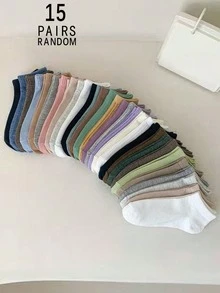 1/5/10/15/20 Pairs Random Solid Color Vertical Stripe Absorbent Soft Versatile Short Socks For Women - Multicolor - View 12