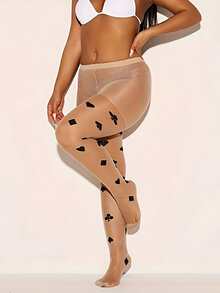 Women's Anti-Snag Transparent Pantyhose With Playing Card Pattern, High Waist Tights Suitable For Party And Daily Wear - Apricot - View 3