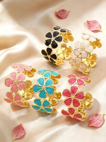 1pc Naturalist Style Enamel Plumeria Shaped Stainless Steel Women's Bracelet, Suitable For Daily Wear/Holiday Gift - Yellow Gold - View 6