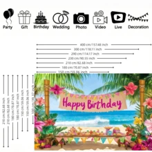 1 pieza Pancarta de fondo de cumpleaños de playa tropical, hecha de material de poliéster, con elementos de palmeras, flores de hibisco y mesas y sillas de playa. Adecuada para fiestas con temática hawaiana o reuniones de cumpleaños de verano, etc. - A - Ver 3