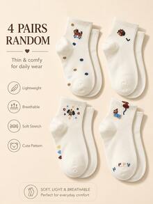 4 Pasang Kaos Kaki Pendek Kasual Olahraga Motif Kartun Anak Anjing Acak, Bernapas, Menyerap Keringat, Cocok untuk Musim Semi, Musim Panas, Musim Gugur - MultiWarna - View 2