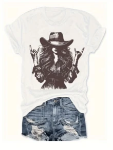 Figure Of A Woman With A Cowboy Hat And A Gesture Of Freedom Symbolizes Feminine Strength And A Rebellious Attitude. Modern, Casual, Comfortable Women's T-Shirt For Everyday Wear. - 白色 - 查看 8