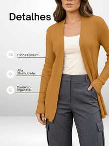 Women's Open Ribbed Cardigan, Basic, Elegant, Casual, Winter, Cold Weather, Knit Cardigan - mostaza - Ver 4