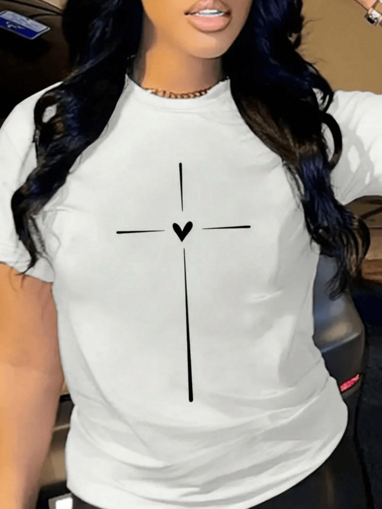 White Cross With A Heart In The Center Representing Love, Faith And Hope In Perfect Balance On A Dark Background. Modern Casual Women's T-Shirt For Everyday Wear, Comfortable And With A Positive Message. - 白色 - 查看 8
