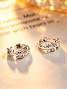 1 Pair S925 Sterling Silver Geometric Double Square Hoop Earrings With Synthetic Zirconia, Elegant Quality Jewelry For Women's Daily Wear - Silver - View 4