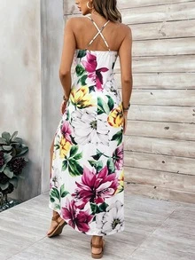 Elegante vestido de mujer con estampado floral, elástico, halter, sin espalda, para fiesta, blanco, de verano - Blanco - Ver 6