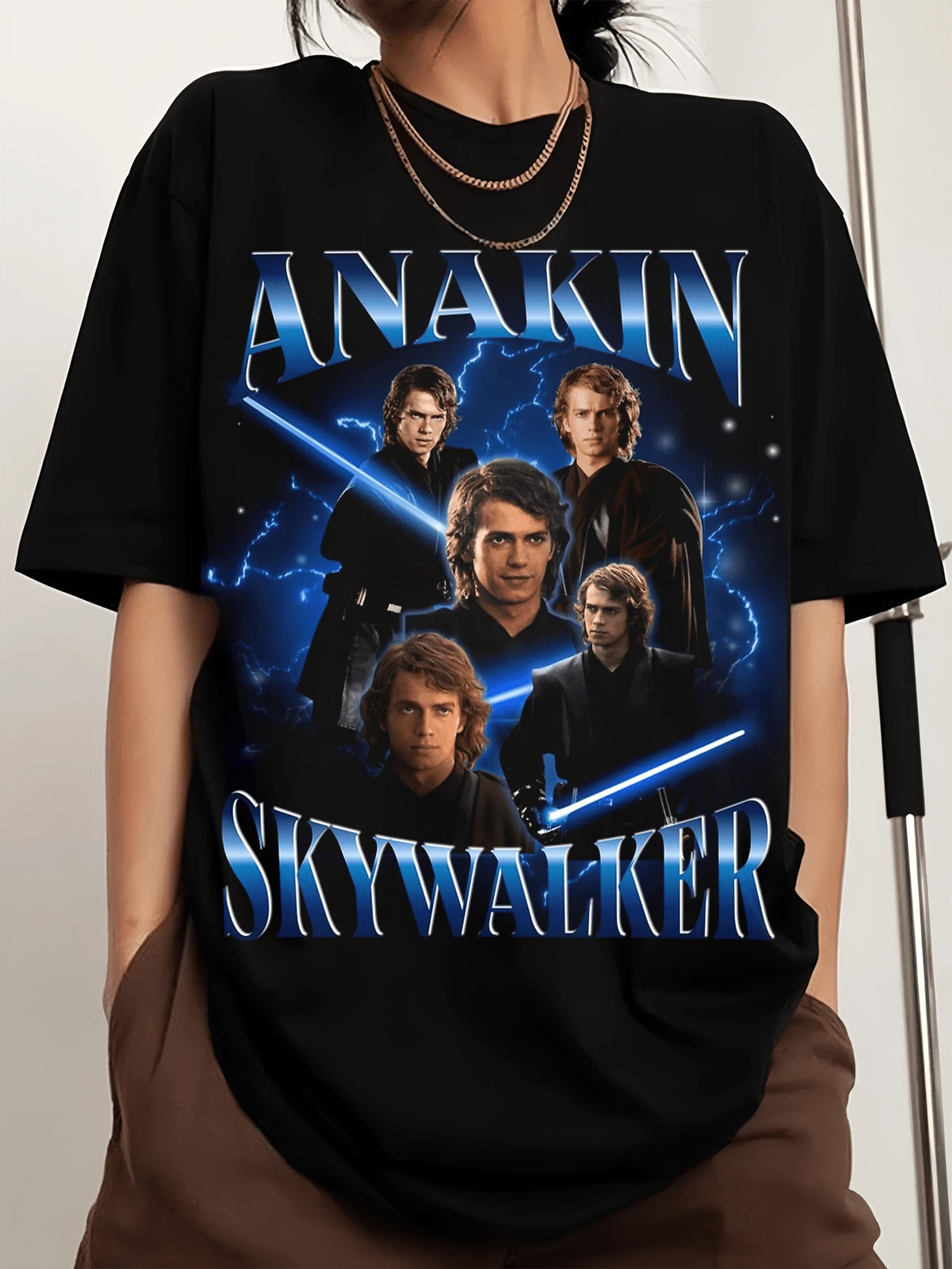 A-Anakinss Skywalker Jedi Retro Collage Poster Rundhals bedrucktes Herrenmode-Kurzarm-Sport-T-Shirt, bequem und vielseitig, , 100% Baumwolle, 220G - Schwarz - Übersicht 1
