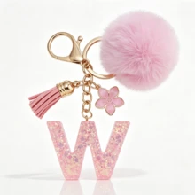 A-Z Fluffy Pom Pom Keychain, Fashionable Bag Charm & Key Ring, Holiday Bag Accessory, Perfect Gift For Valentine's Day/Birthday/New Year - Pink - View 17