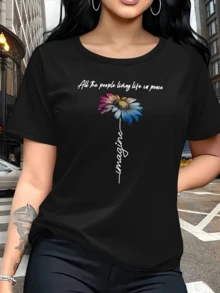 Flor con pétalos multicolor que simboliza la paz la esperanza y la unión entre las personas transmitiendo armonía y energía positiva camiseta de mujer casual moderna cómoda para uso diario - Negro - Ver 6