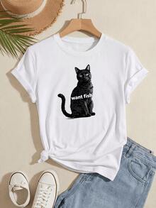 Dark Cat With A Curious Gaze Reflects The Search For Freedom And A Desire For The Little Things, Conveying Tenderness And Character. Women's Casual, Modern, Comfortable T-Shirts For Everyday Wear. - 白色 - 查看 8