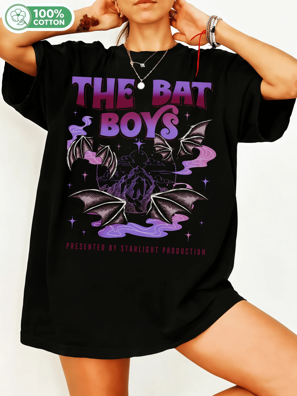 Battt Boys Fantasy Dark-Themed Fanartt T-Shirt, Purple Gradient Bat & Mountain Graphic, Starry Sky Mystic Background, Witch Gothic Style, Unisex Oversized 100% Cotton Crew Neck Casual Streetwear B. - Black - View 1