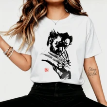Samurai Ink Brush Chinese Red Seal Vintage Graphic T-Shirt, Asian Streetwear Casual Cotton T-Shirt For Fans - 白色 - 查看 1