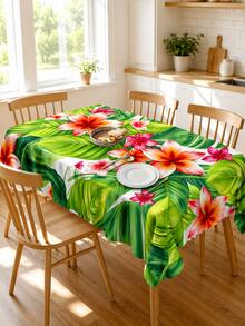 1 pieza Mantel de poliéster con estampado de hoja de palma tropical y plumeria, adecuado para cocina, comedor, jardín exterior, patio, boda, fiesta, reunión con tema hawaiano y decoración del hogar de verano - Verde - Ver 4