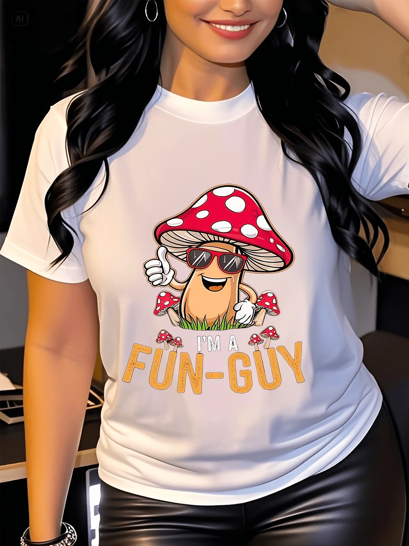 Un hongo alegre con gafas de sol mostrando una sonrisa divertida y gestos amistosos que transmite energía positiva y buen humor para quienes disfrutan de la naturaleza y el optimismo camiseta de mujer casual cómoda para uso diario - Blanco - Ver 1