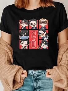 Ropa de primavera-verano para mujer a la moda, con un estampado en contraste rojo y negro combinado con una camiseta negra, que irradia un estilo urbano americano moderno.El corte holgado también es perfecto para crear un look oversize.Este diseño de "todos en la versión Q + meme central" es una forma clásica de ropa de apoyo a los fans, que satisface las emociones de los fans y, al mismo tiempo, es versátil para el uso diario.camisas de mujer sudaderas para mujer sueter blusa casual mujer verano vestidos de graduación - Negro - Ver 6