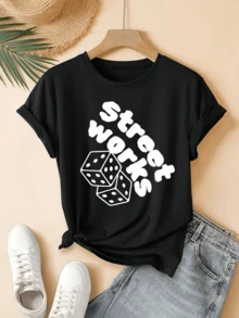 Dados que giran simbolizan suerte en la vida urbana y el espíritu de tomar riesgos con actitud positiva camiseta de mujer moderna cómoda para uso diario - Negro - Ver 6
