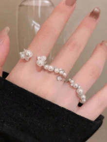 Bộ 3 chiếc nhẫn đính ngọc trai hình nơ tối giản, có thể điều chỉnh kích cỡ, trang sức thanh lịch có thể đeo chồng lên nhau, món quà tuyệt vời cho bạn gái, chị gái, dịp Giáng sinh, Ngày Valentine, sinh nhật, mẹ, Ngày của Mẹ. - trắng - Xem 6