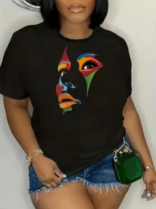 Rostro femenino abstracto formado por colores vivos que reflejan fuerza confianza y belleza interior con trazos artísticos que evocan energía contemporánea y actitud moderna camiseta de mujer casual elegante - Negro - Ver 1