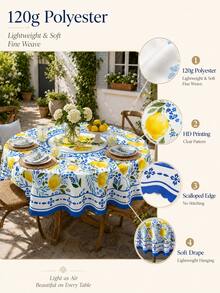 1pc-Summer Lemon Table Cover, Mediterranean Blue Floral Print Decorative Table Cloth, Wrinkle Resistant , For Kitchen Dining Room, Patio, Backyard BBQ, Garden Party, Picnic, Indoor Outdoor Summer Holiday Gathering, Easy Clean Reusable - Multicolor - View 2