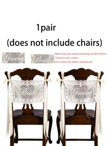 1 Set Bride & Groom Wedding Chair Signs - Elegant Lace Chair Back Decor With White Satin Ribbons, Romantic Outdoor Ceremony Reception Chair Sashes, Country Garden Spring/Summer Wedding Decorations, Newlywed Table, Wedding Party Decor - 多色 - 查看 10