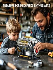 703片创意超级赛车VB引擎积木玩具，V8引擎模型组装玩具，V8迷你DIY引擎模型玩具，成人STEM组装项目，物理科学教育玩具，桌面展示模型，生日礼物 - 彩色 - 查看 4