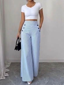 Elegant Women's Blue & White Striped Drawstring Pocket Button Fly Wide Leg Pants, Non-Stretch Woven - Blue and White - View 6