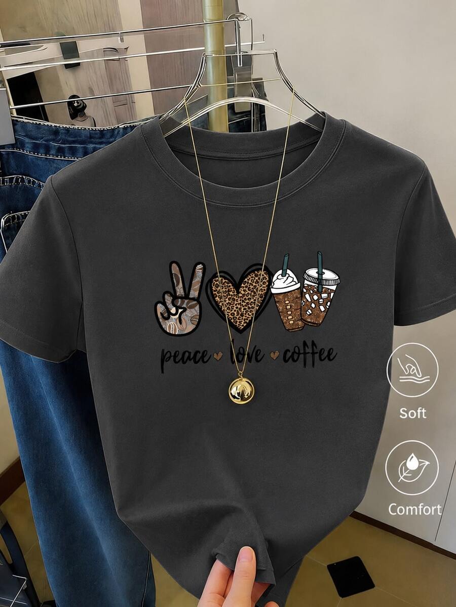 Women's Casual Shirt Print T-Shirt, Short Sleeve And Round Neck, Local Spring/Summer Urban Fashion. - Dark Grey - View 1