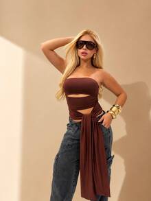 Elegant Brown Strapless Cropped Top In Suplex With Sexy Cutouts And Tie Detail –  Women's Fashion Top 2026 - 鏽棕色 - 查看 2