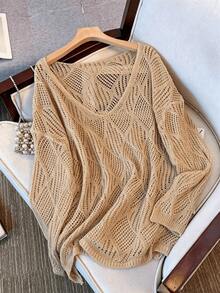 Women's V-Neck Hollow Rhombus Design Loose Knit Cover Up, Airy And Breathable For Beach/Resort Wear, Spring/Summer Vacation - 卡其色 - 查看 8